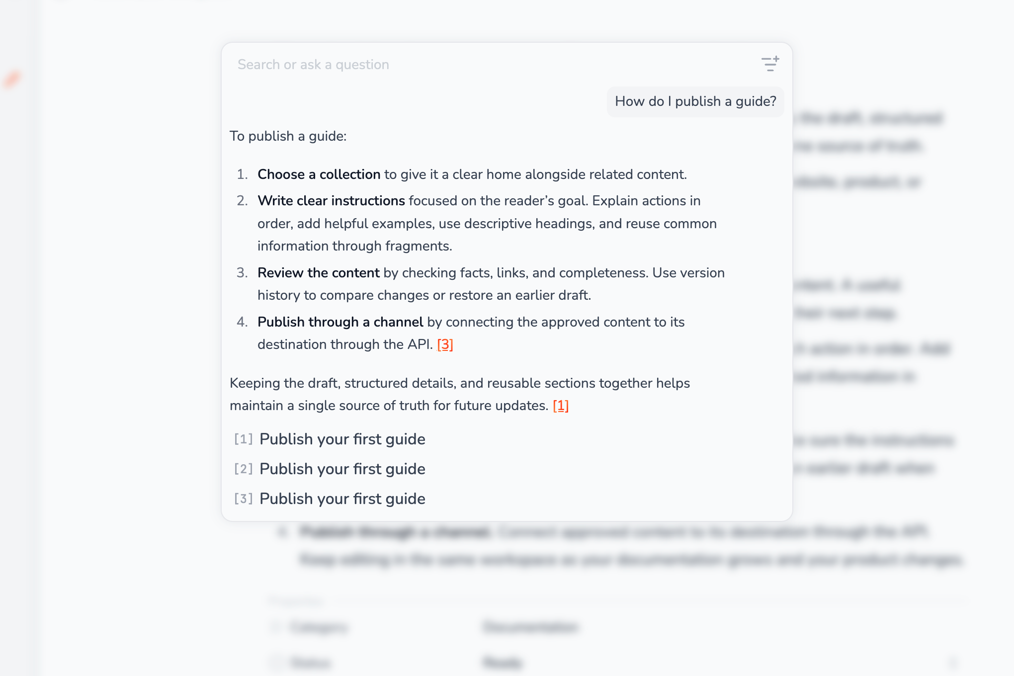 An AI answer about publishing a guide with linked source citations