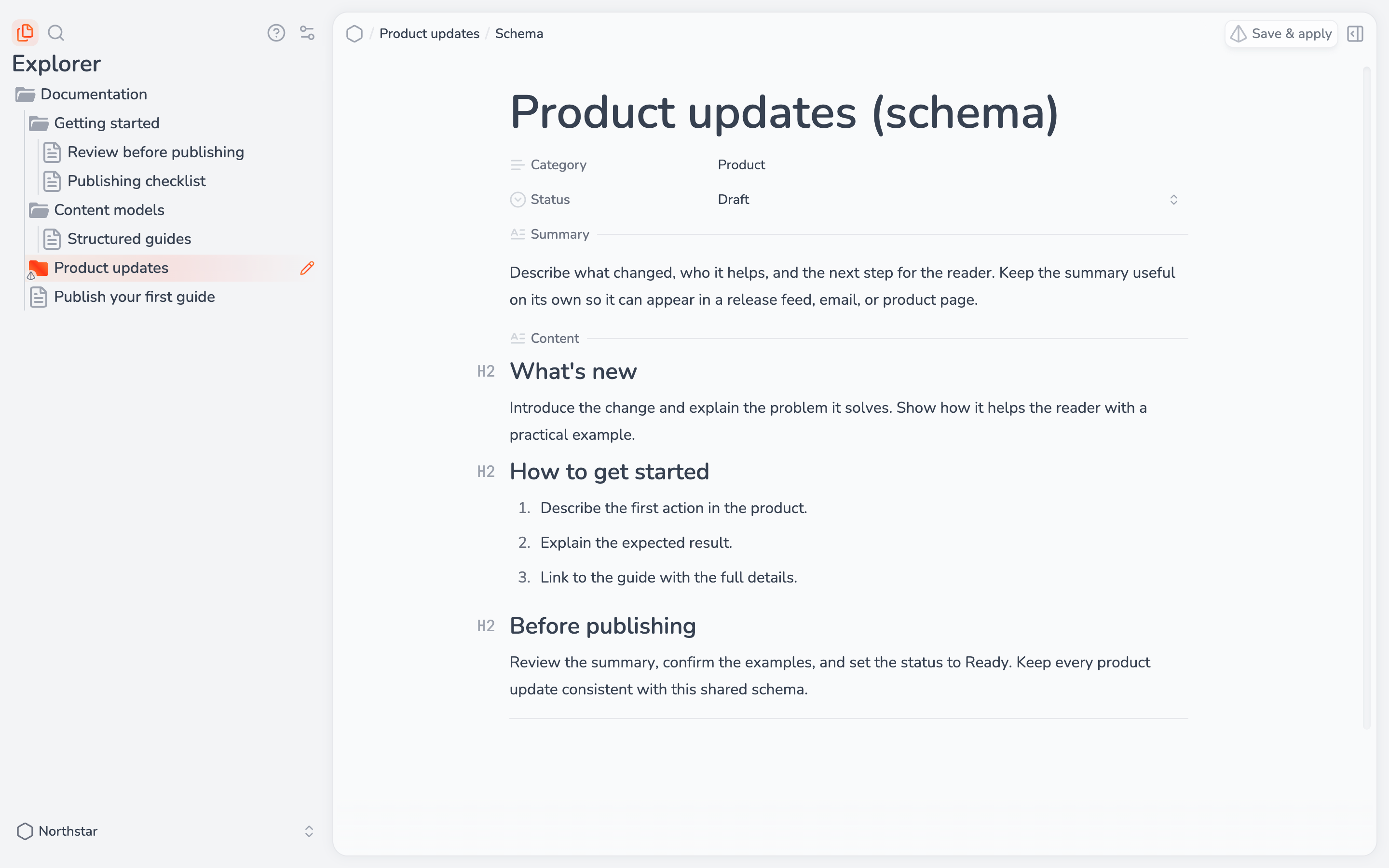 Product updates schema with Category, Status, Summary, and Content