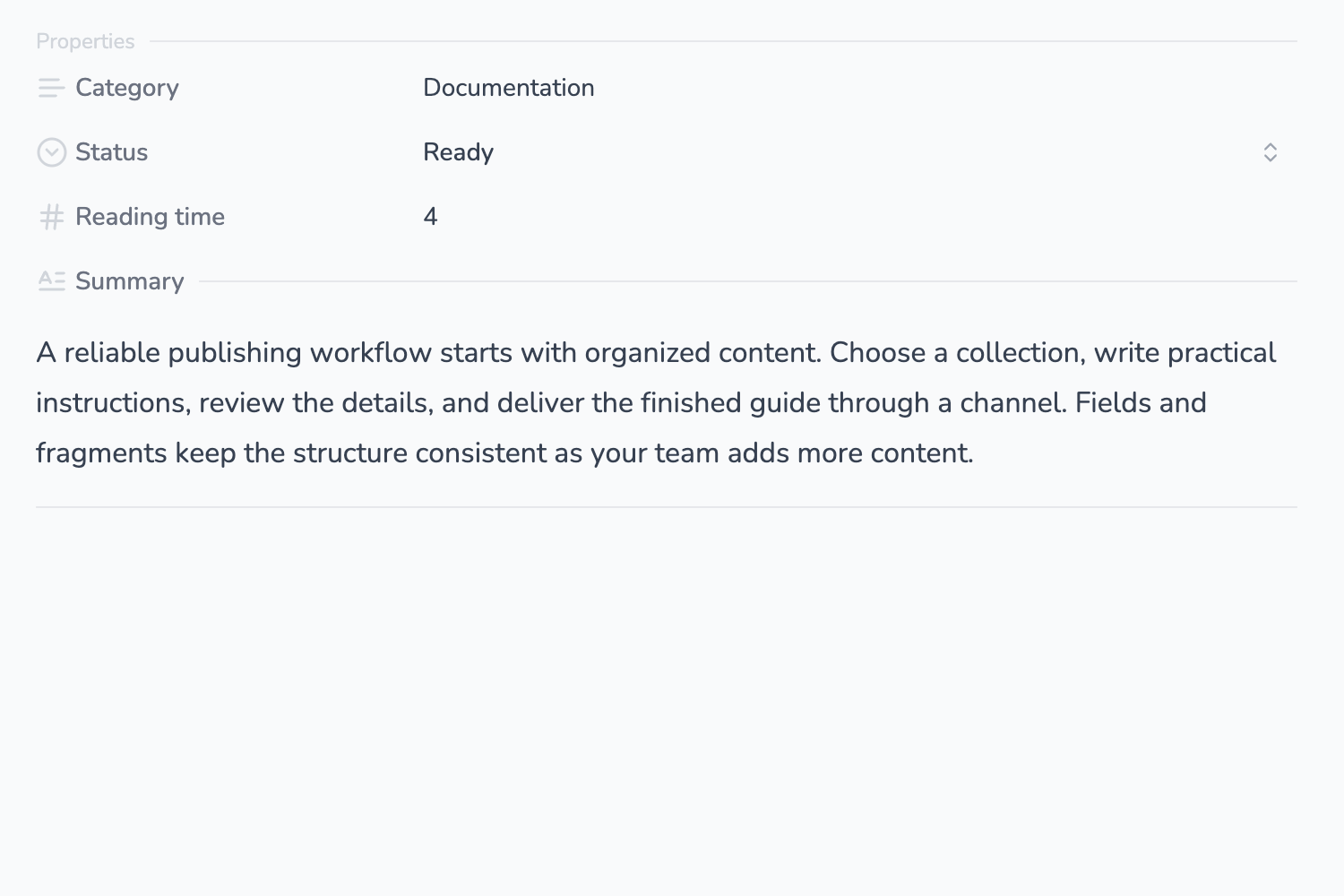 Category, status, reading time, and a Summary fragment