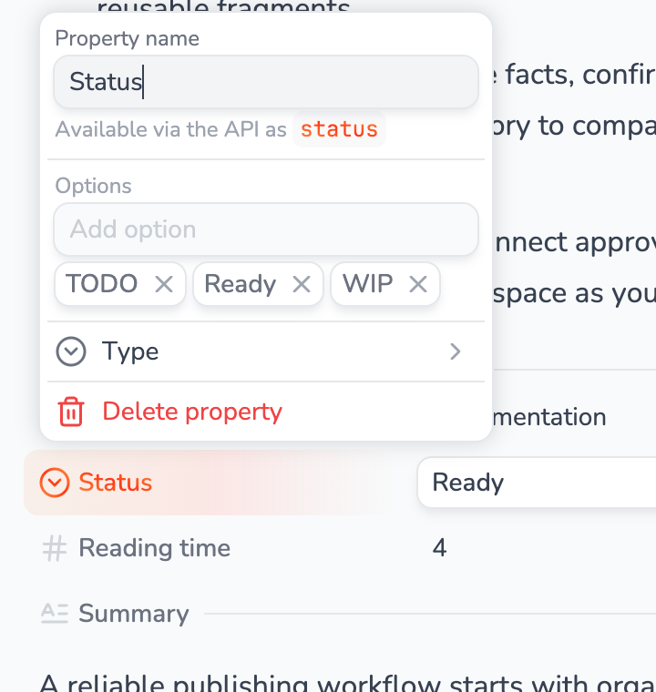 Status property configuration with its API name and available options