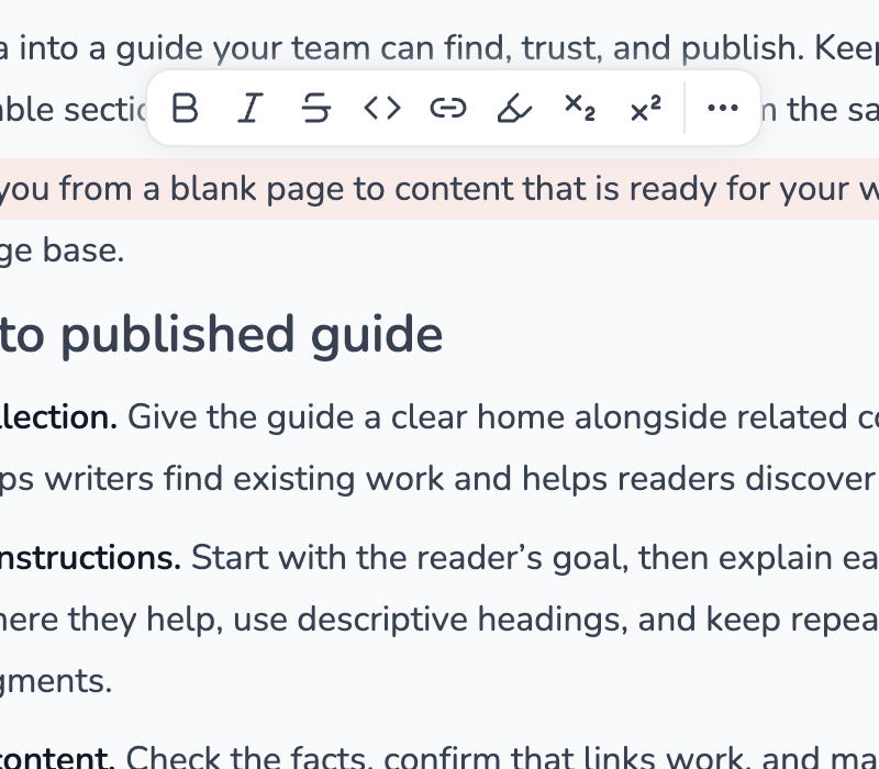 Inline formatting toolbar above selected guide text